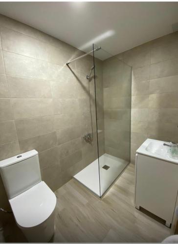a bathroom with a shower and a toilet and a sink at Hostal el Olivo in Mora