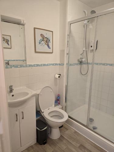 a bathroom with a toilet and a shower and a sink at Cranes apartments in Watford West Station