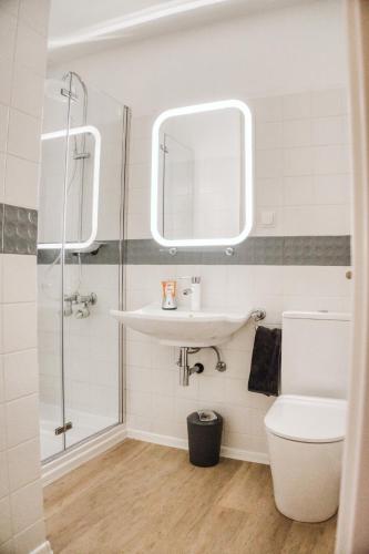 a bathroom with a sink and a shower at Appartement Fichtenblick in Goslar