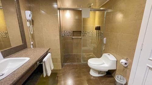 a bathroom with a toilet and a shower and a sink at Mercure Alameda Quito in Quito