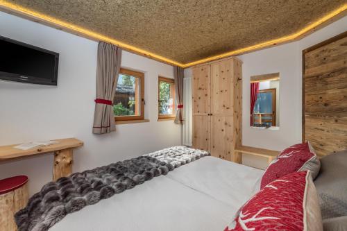 a bedroom with a bed and a tv on the wall at Mas del Mezdì - mountain chalet Val di Rabbi in Rabbi