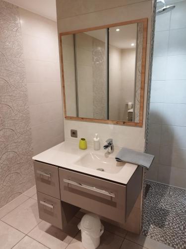 une salle de bain avec un lavabo et un miroir dans l'établissement L'Atypick - meublé de tourisme 4 étoiles, à Saint-Sauveur