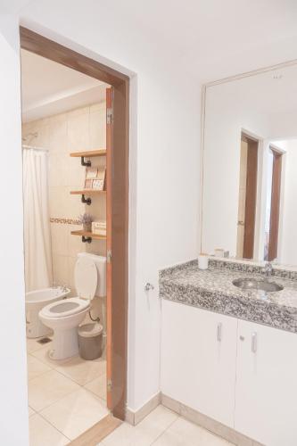 a bathroom with a toilet and a sink and a mirror at Alisos 5 A con cochera in San Miguel de Tucumán