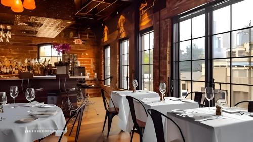 a restaurant with white tables and chairs and windows at Thompson Luxuries 4BR Modern Townhome in Rice Military in Houston