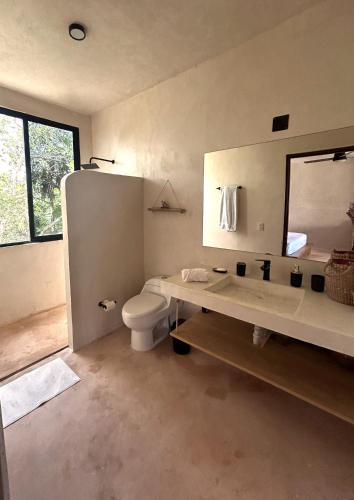a bathroom with a toilet and a sink and a mirror at Villa Queridoro Mahahual in Mahahual