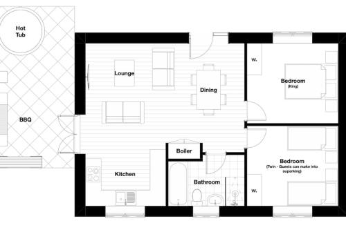 a black and white floor plan of a house at Ashenhurst, woodland lodge with hot tub for 4 in Oakamoor