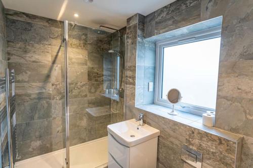 a bathroom with a toilet and a shower and a sink at Ashenhurst, woodland lodge with hot tub for 4 in Oakamoor