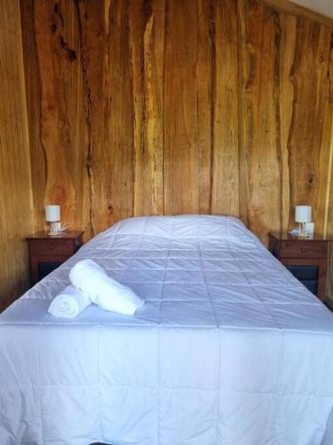 a bed in a wooden room with two nightstandumentsuments at Cabaña Antü küyen Melipeuco in Melipeuco