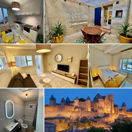 un collage de photos d'un hôtel avec un château dans l'établissement Numérobis, à Carcassonne