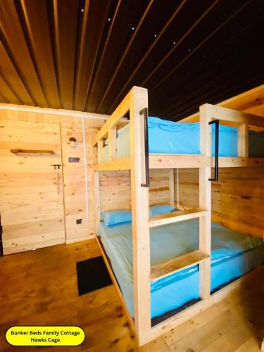a room with two bunk beds in a cabin at Hunters Wood Cabins in Nuwara Eliya