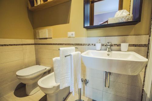 a bathroom with a sink and a toilet and a mirror at Country Resort Le Due Ruote in Alberese