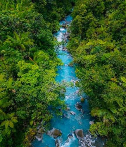 an aerial view of a river in the jungle at Cabinas El Pilón Río Celeste in San Rafael