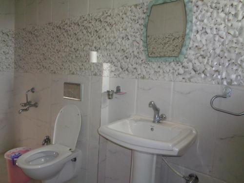 a bathroom with a sink and a toilet and a mirror at The Royal Lake View Villa in Udaipur