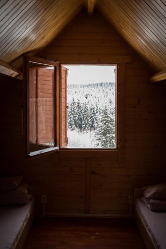 a window in a cabin with a snow covered forest at Domki Krótki Szpic in Istebna