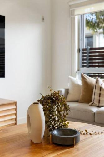 a living room with a vase and a plant on a wooden floor at Mawson Lakes Retreat - 3BR, Wifi, Parking in Mawson Lakes