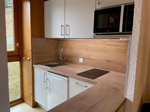 une petite cuisine avec un évier et un micro-ondes dans l'établissement Appartement rénové au cœur de la station, proche pistes et commerces - FR-1-181-2848, à La Plagne Tarentaise