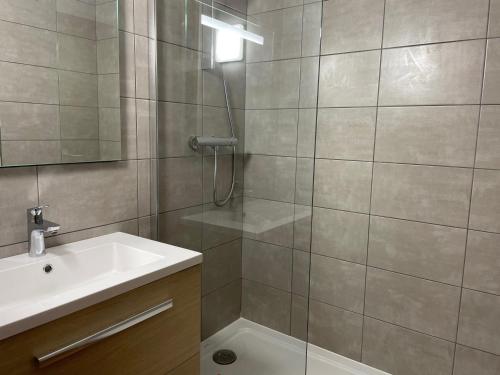 une salle de bain avec douche et lavabo dans l'établissement Appartement rénové au cœur de la station, proche pistes et commerces - FR-1-181-2848, à La Plagne Tarentaise