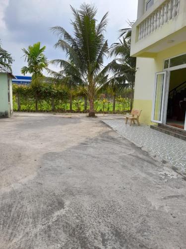 a palm tree and a bench in front of a house at Nhà nghỉ Mai Lan in Cái Răng