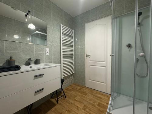 une salle de bain avec un lavabo et une douche en verre dans l'établissement L'échappée Sarladaise - Gîte avec jardin, à Sarlat-la-Canéda