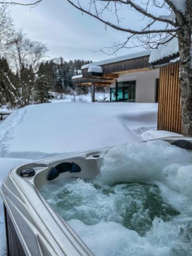 a hot tub covered in snow in front of a house at Ferienhaus am See mit Sauna und Whirlpool in Wienerbruck