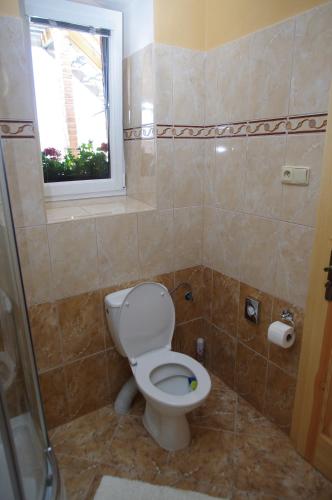 a bathroom with a toilet and a window at Ubytování a apartmány Sluníčko in Lomnice nad Lužnicí