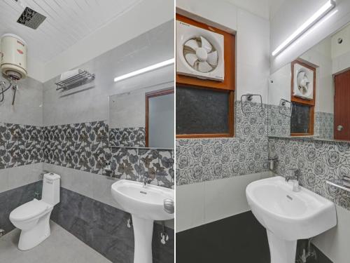 two pictures of a bathroom with a sink and a toilet at Super Super Townhouse Swaroop Inn in Chinhat