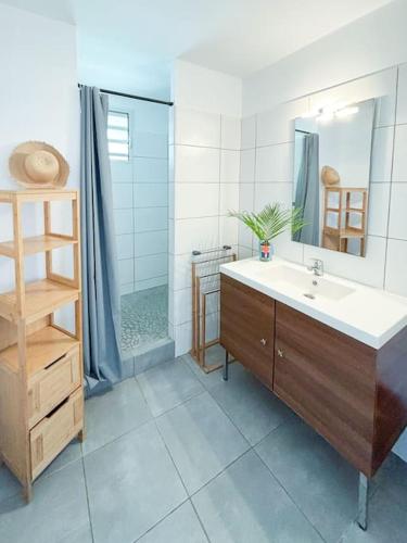 a bathroom with a sink and a shower at Bel appartement duplex T4 Laboté, vue mer, a 600m de la plage de Diamant in Le Diamant