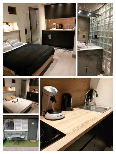 un collage de photos d'une cuisine et d'une chambre dans l'établissement Superbe 2 étoiles Parking privé en centre ville, à Aix-les-Bains