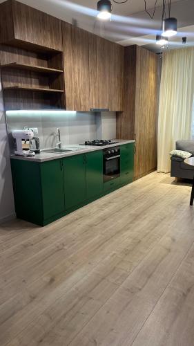 Una cocina verde con fregadero y estufa. en Sky House, en Chişinău