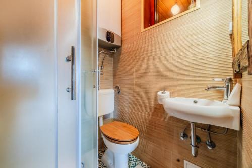 a small bathroom with a toilet and a sink at Hilltop Panorama Chalet - Happy Rentals in Samobor