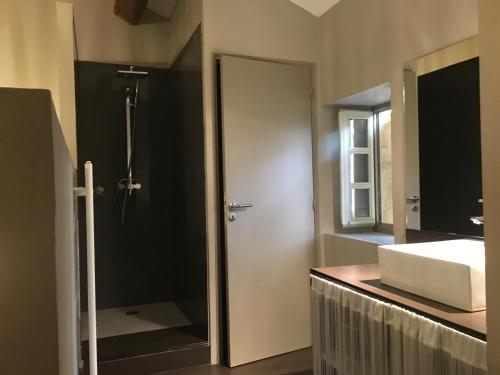 une salle de bain avec un lavabo et une douche dans l'établissement typical provencal farm 18ème in gordes, luberon area in provence with great charm with magnificent view, ideal for family or friends reunions - 12 persons, à Gordes