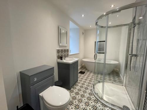 a bathroom with a toilet and a sink and a shower at Pass the Keys Stunning Cosy Cottage in Historic Moffat in Moffat