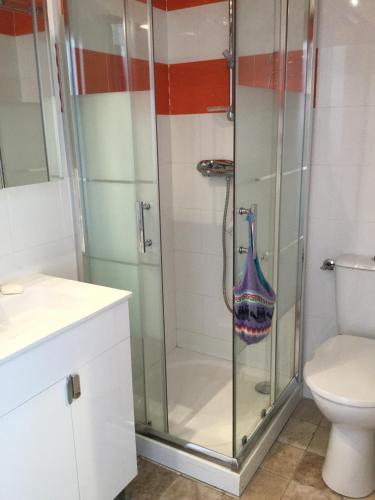 une douche avec une porte vitrée dans une salle de bain dans l'établissement pretty gite with pool in cavaillon, beautiful view on the luberon mountains, 4 people., à Cavaillon