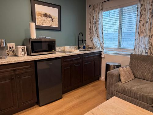 a kitchen with a counter with a microwave and a couch at Pasadena Old Town Cottage in Pasadena
