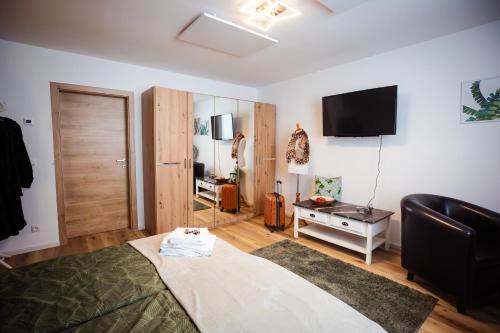 a bedroom with a bed and a flat screen tv at Charmantes Haus -Nähe Parndorf-Neusiedl-Wien-HU-SK in Bruck an der Leitha