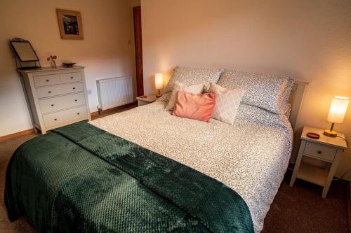 a bedroom with a bed with two night stands and two lamps at Sachsblick in Lochgoilhead