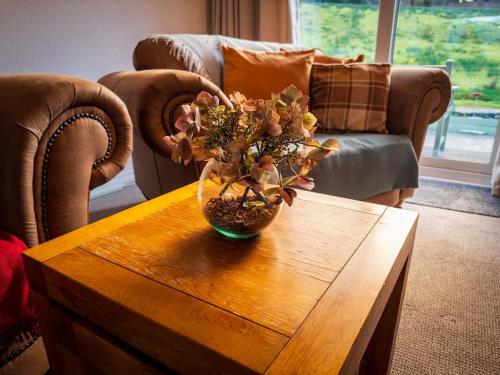 a vase of flowers on a coffee table in a living room at Sachsblick in Lochgoilhead