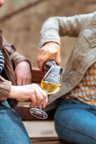 a person is holding a glass of wine at Baudobriga Rheinhotel in Boppard