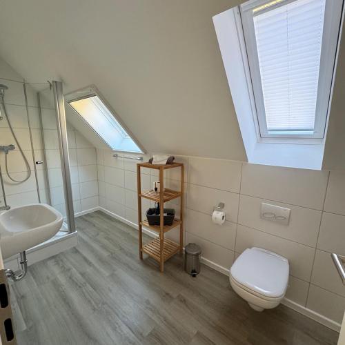 a bathroom with a toilet and a sink and a skylight at Ferienwohnung Sommerlinde in Altleiningen