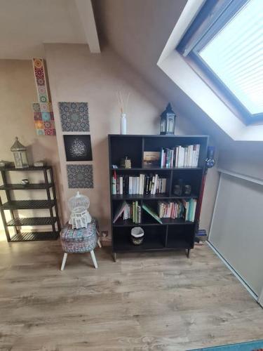 a living room with a book shelf with books at Magnifique maison in Valenton