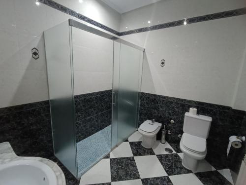 a bathroom with a shower and a toilet and a sink at La Antigüa Peluqueria in Argamasilla de Alba