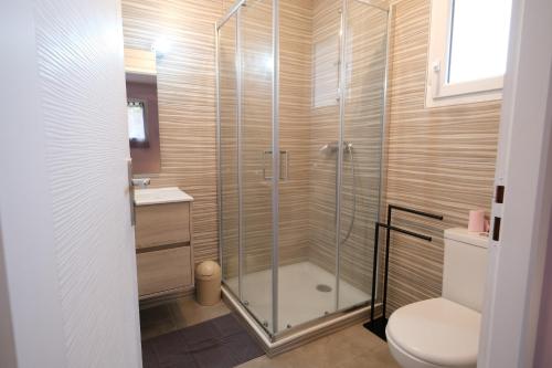 une salle de bain avec douche et toilettes dans l'établissement very pleasant villa with private swimming pool, in a residential area near the center of saint-rémy-de-provence - 8 people, à Saint-Rémy-de-Provence