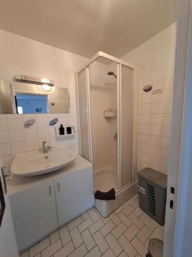 une salle de bain blanche avec un lavabo et une douche dans l'établissement le gîte de Gabriel - studio, à Saint-Martin-dʼAblois