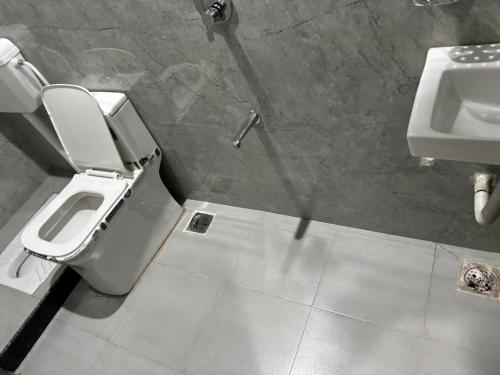 a bathroom with a toilet and a sink at Hotel Silver Moon-200 meter Jaipur Junction in Jaipur