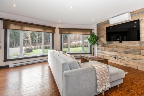a living room with a couch and a tv at Chalet au Boisé in Saint Come