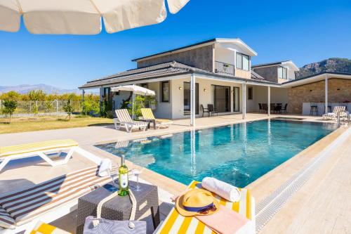 a house with a swimming pool in front of a house at Villa Tolga in Dalyan