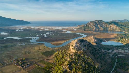 an aerial view of a river on a mountain at Villa Tolga in Dalyan