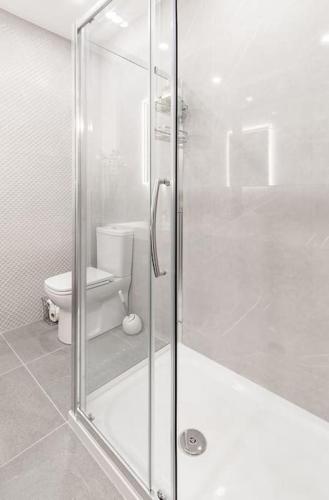 a bathroom with a glass shower with a toilet at The Corner Loft in Ballycastle