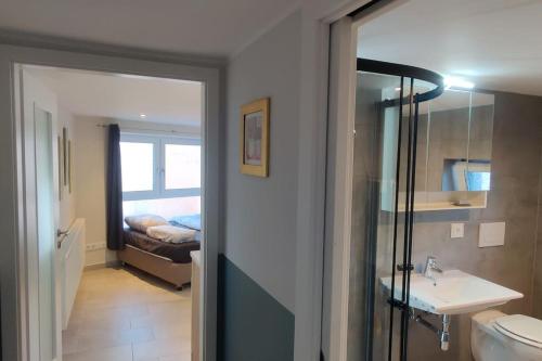 a bathroom with a toilet and a sink and a mirror at Am kleinen Storchennest in Ummendorf