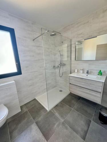 une salle de bain avec une douche, un lavabo et des toilettes dans l'établissement Magnifique appart T3 vue mer, à Propriano